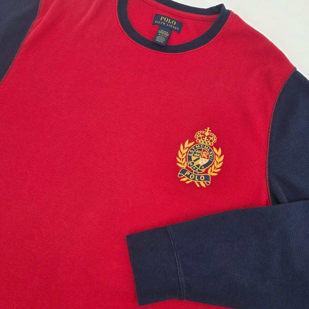 POLO RALPH LAUREN BIG CREST THERMAL SHIRT MENS XL BLUE RED SLEEPWEAR WAFFLE KNIT